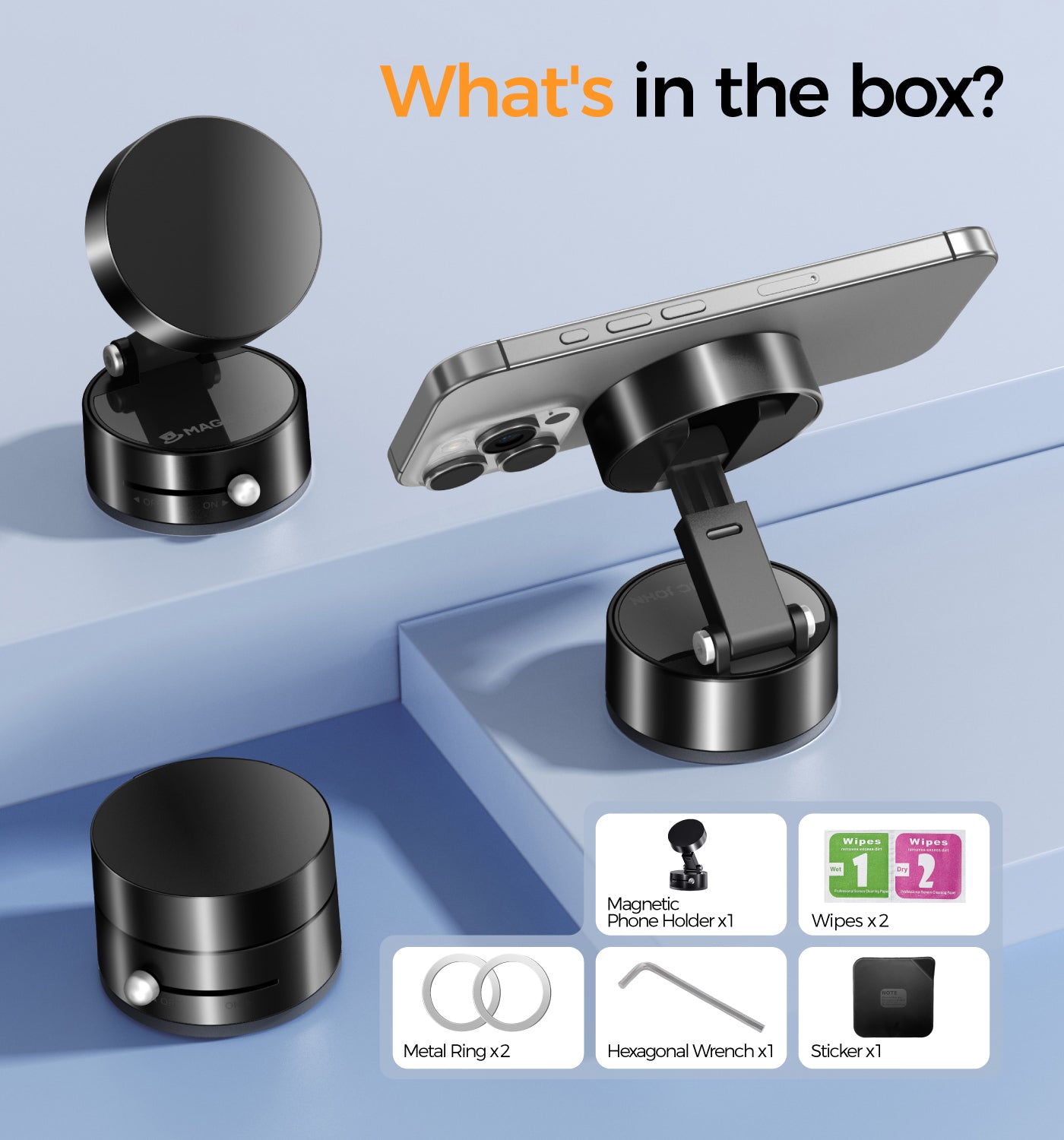 MAGIC JOHN Upgraded Magnetic Phone Holder with 360° Rotation, Strong Magnet, Foldable and Portable Design